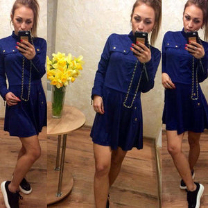 Open image in slideshow, Women summer new preppy style fit and flare solid full regular sleeve natural waistline turtleneck above knee mini dress
