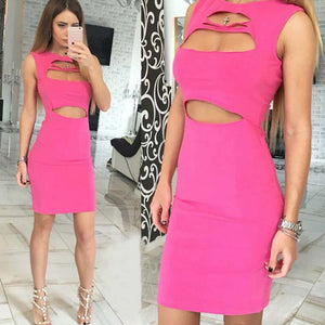 Open image in slideshow, Women summer new sexy &amp; club sheath bodycon solid sleveless ragular sleeve o-neck above knee mini dress with hollow out
