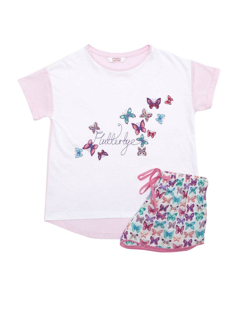 White With Pink Top And Butterfly Print Shorts
