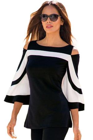 Open image in slideshow, Colorblock Bell Sleeve Cold Shoulder Top
