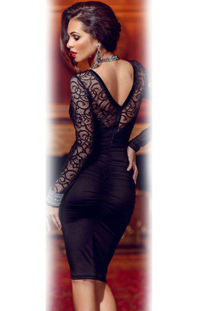 Floral Applique Lace Ruched Bodycon Midi Dress