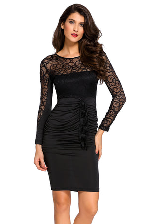 Floral Applique Lace Ruched Bodycon Midi Dress
