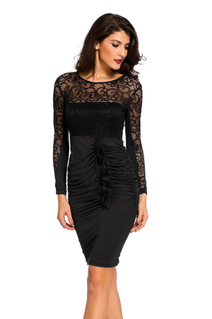 Floral Applique Lace Ruched Bodycon Midi Dress