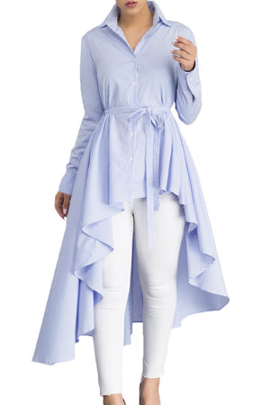 Open image in slideshow, Striped Lapel Shirt High Low Belted Blouse Top
