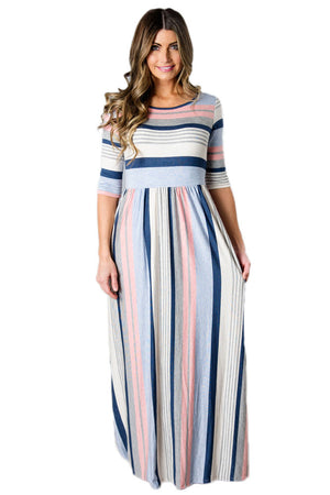 Open image in slideshow, Striped Half Sleeve Casual Maxi Dress
