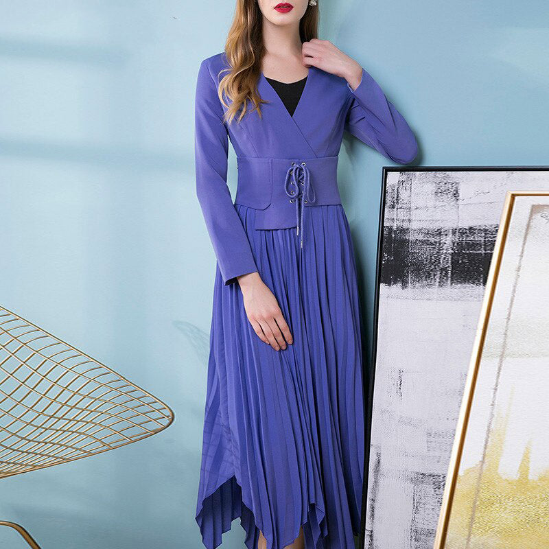V-neck Long sleeve Belt Pleated Asymmetrical Dresses
