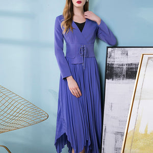 V-neck Long sleeve Belt Pleated Asymmetrical Dresses