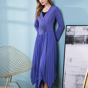 V-neck Long sleeve Belt Pleated Asymmetrical Dresses