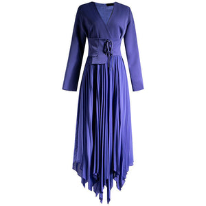 V-neck Long sleeve Belt Pleated Asymmetrical Dresses