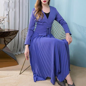 Open image in slideshow, V-neck Long sleeve Belt Pleated Asymmetrical Dresses
