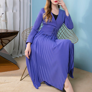 V-neck Long sleeve Belt Pleated Asymmetrical Dresses