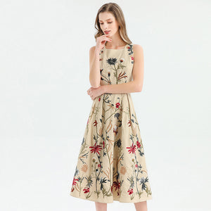 Sleeveless Flowers Embroidery Elegant Midi Dresses