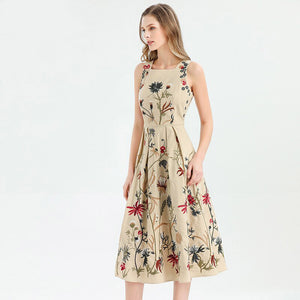 Sleeveless Flowers Embroidery Elegant Midi Dresses