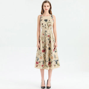 Sleeveless Flowers Embroidery Elegant Midi Dresses