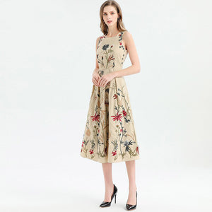Sleeveless Flowers Embroidery Elegant Midi Dresses