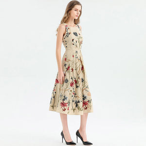 Sleeveless Flowers Embroidery Elegant Midi Dresses