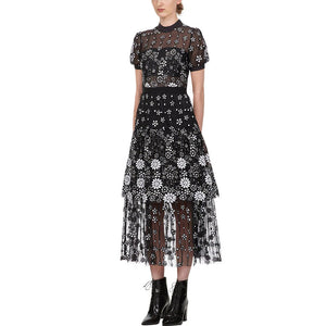 Black Flower Sequin Crew Neck Midi Dress