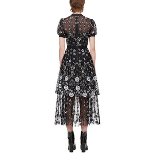 Black Flower Sequin Crew Neck Midi Dress