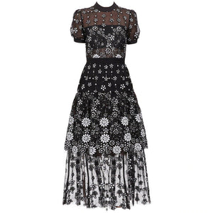 Black Flower Sequin Crew Neck Midi Dress