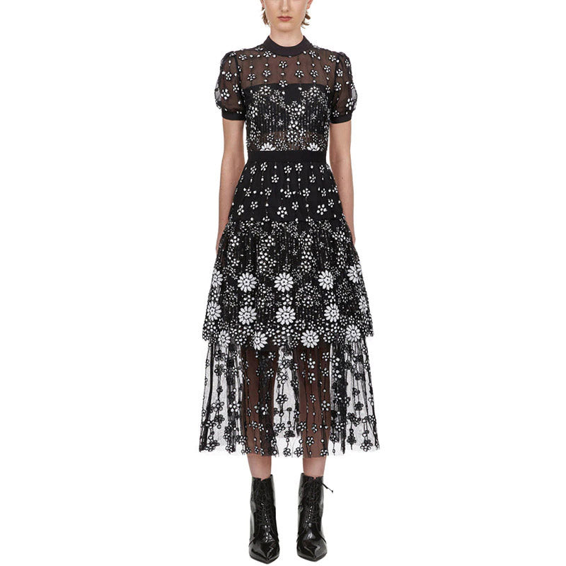 Black Flower Sequin Crew Neck Midi Dress