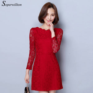 Open image in slideshow, Soperwillton 2016 Autumn Party Dress Women Clothing Fashion Hollow Out Slim Elegant Long Sleeve Lace Dresses Robe Femme #B639
