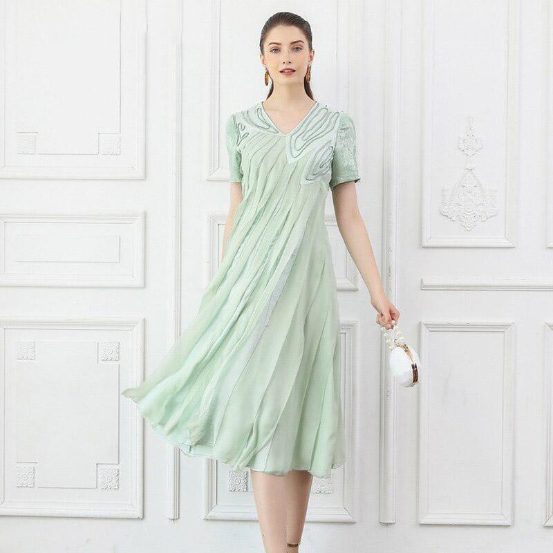 V Neck Short Sleeve Elegant Silk Midi Dress