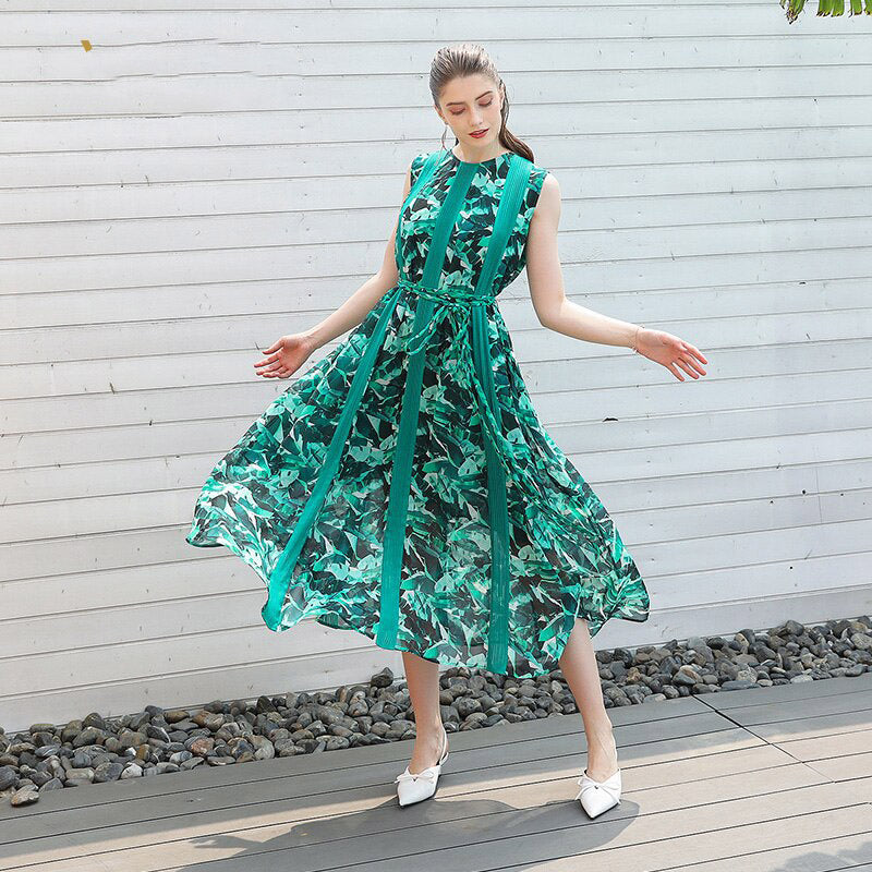 Round Neck Sleeveless Loose Waist Hemp Tie Rope Dress