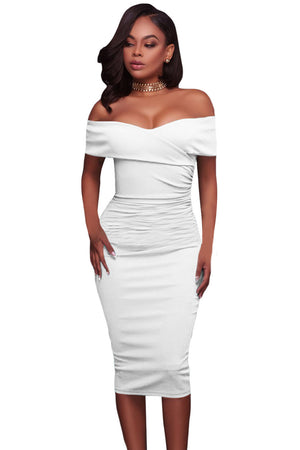 Open image in slideshow, Ruched Off Shoulder Bodycon Midi Dress
