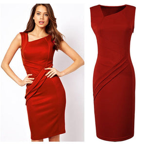 Open image in slideshow, Work Dress High Quality 2016 Women Summer Dress Ladies Pencil Solid Asymmetrical Neck Sleeveless Office Dress Vestido De Festa

