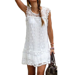 Open image in slideshow, Zanzea Summer Dress 2016 Sexy Women Casual Sleeveless Beach Short Dress Tassel Solid White Mini Lace Dress Vestidos Plus Size

