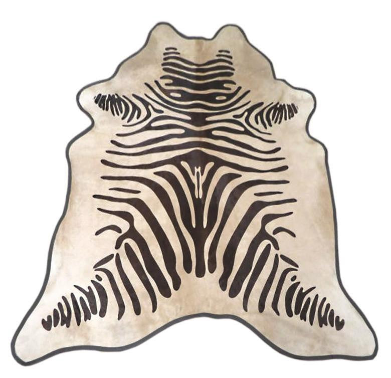 Zebra Print Cowhide Rug (Brown On Light Beige w/ Leather Binding)