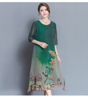 Chinese Style Silk Print Dress