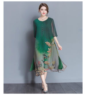 Chinese Style Silk Print Dress
