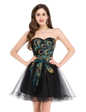 Open image in slideshow, Black White Peacock Prom Dress
