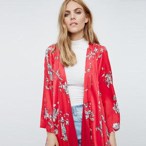 Floral Printed Red Casual Loose Kimono cardigan