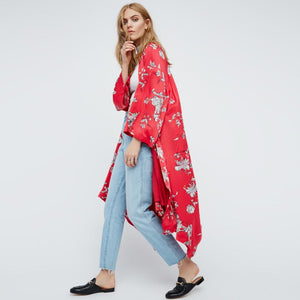 Floral Printed Red Casual Loose Kimono cardigan