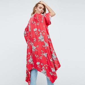 Floral Printed Red Casual Loose Kimono cardigan