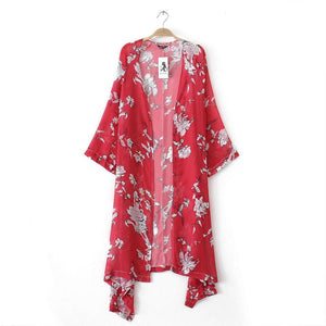 Floral Printed Red Casual Loose Kimono cardigan