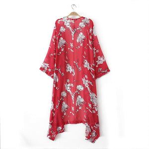 Floral Printed Red Casual Loose Kimono cardigan