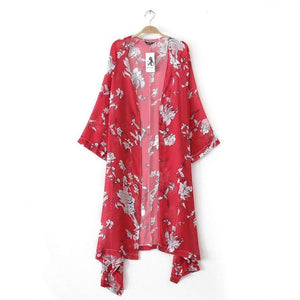 Open image in slideshow, Floral Printed Red Casual Loose Kimono cardigan
