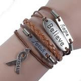 Open image in slideshow, HANDMADE LEATHER AND SILVER HOPE, FAITH, BELIEVE PINK RIBBON BREAST CANCER AWARENESS CHARM BRACELET
