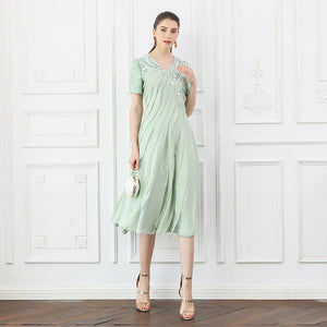 Open image in slideshow, V Neck Short Sleeve Elegant Silk Midi Dress
